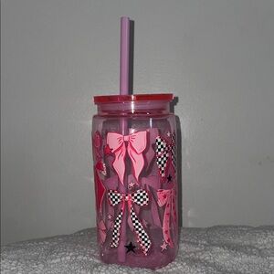Pink Bow Patterned Plastic Tumbler with Straw